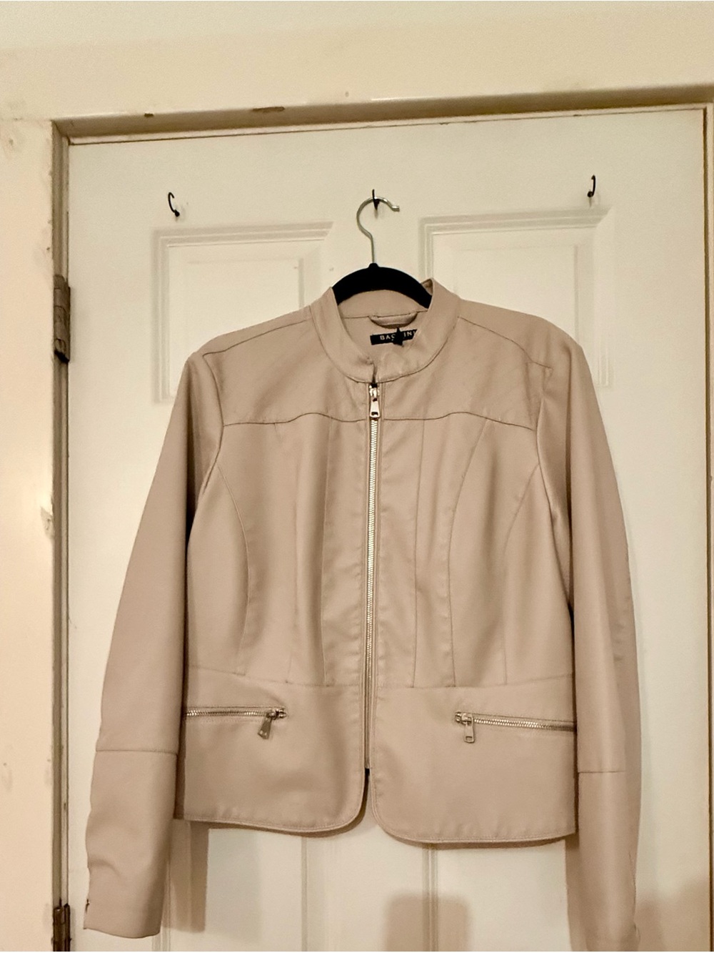 Baccini Women’s Beige Zip-Front Faux Leather Jacket